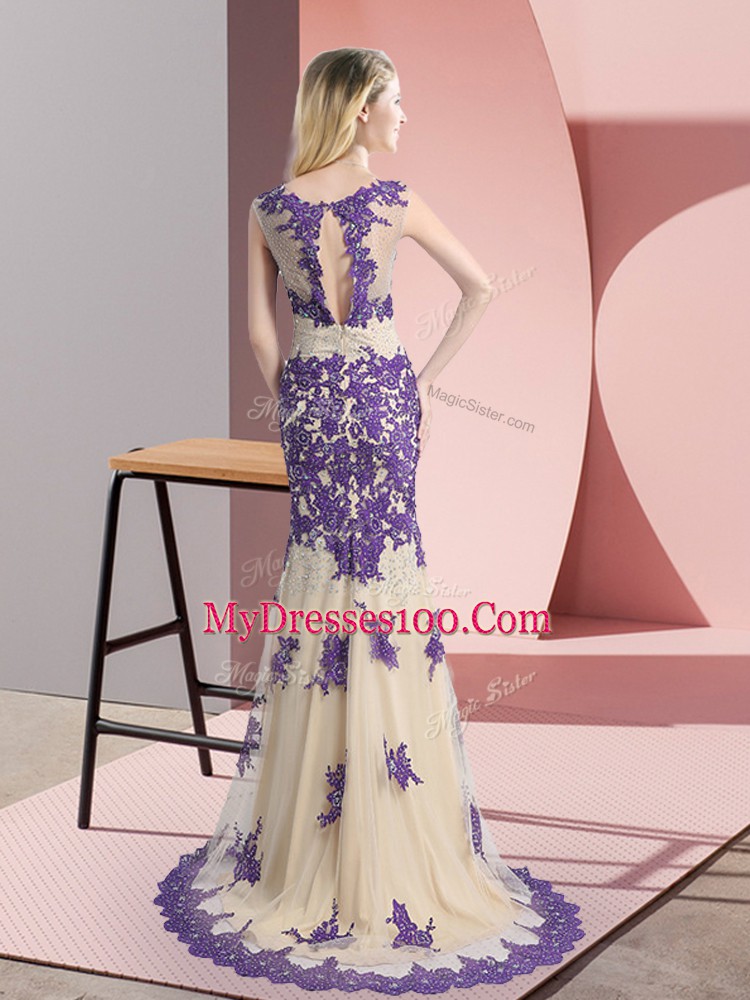 Fabulous Champagne Prom Dress Prom and Party with Beading and Appliques Scoop Sleeveless Sweep Train Side Zipper