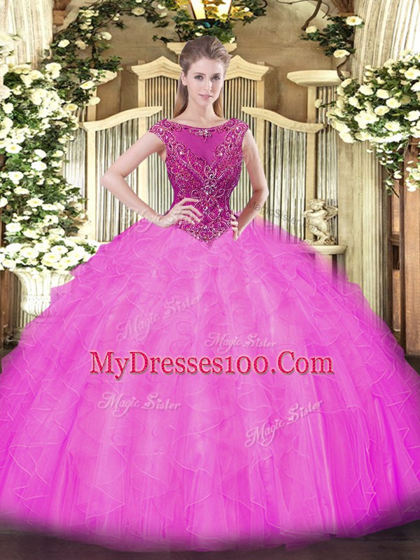 Lilac Tulle Zipper 15th Birthday Dress Sleeveless Beading and Ruffles