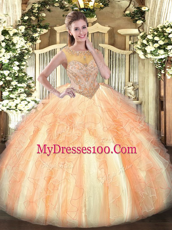 Comfortable Scoop Sleeveless Organza Quinceanera Dresses Beading and Ruffles Lace Up
