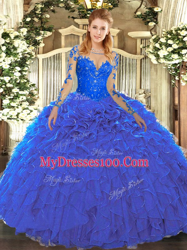 Vintage Floor Length Blue Sweet 16 Dress Organza Long Sleeves Lace and Ruffles