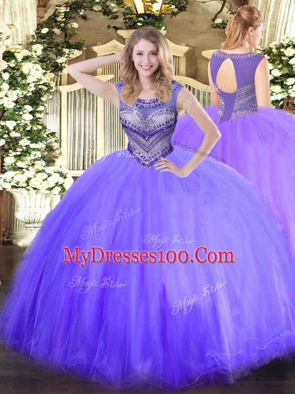Custom Design Lavender Sleeveless Floor Length Beading Lace Up Quinceanera Dresses