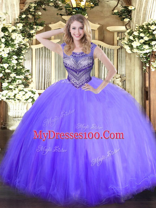 Custom Design Lavender Sleeveless Floor Length Beading Lace Up Quinceanera Dresses