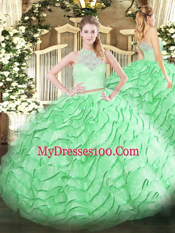 Great Scoop Sleeveless Tulle Quinceanera Gowns Lace and Ruffles Brush Train Zipper