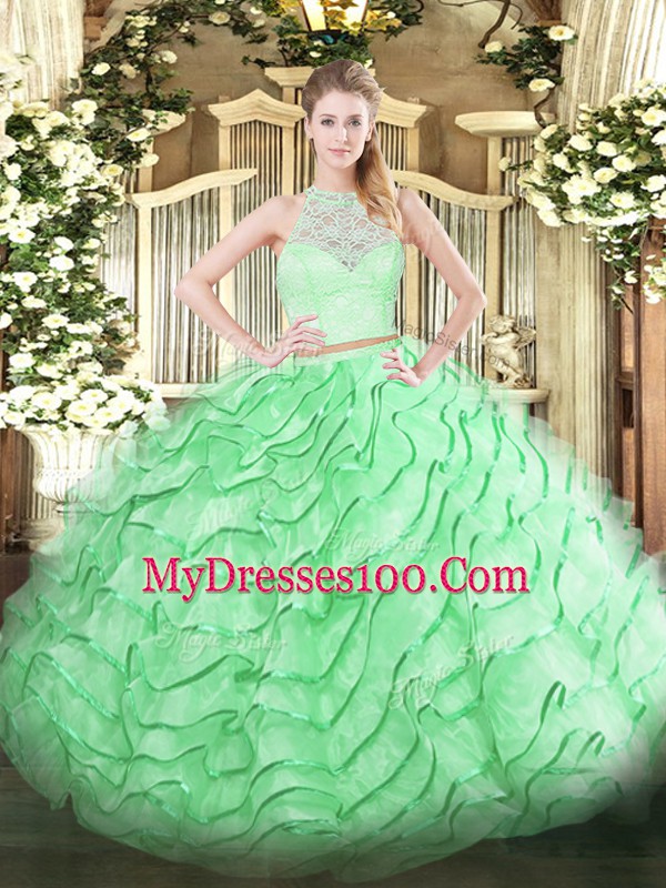 Great Scoop Sleeveless Tulle Quinceanera Gowns Lace and Ruffles Brush Train Zipper