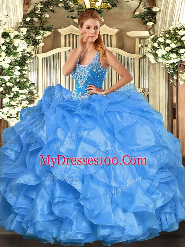 Vintage Sleeveless Organza Floor Length Lace Up Quinceanera Gowns in Baby Blue with Beading and Ruffles