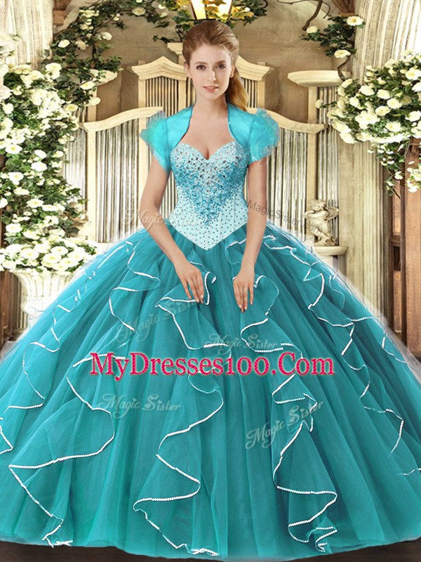 Latest Teal Ball Gowns Sweetheart Sleeveless Tulle Floor Length Lace Up Beading Ball Gown Prom Dress
