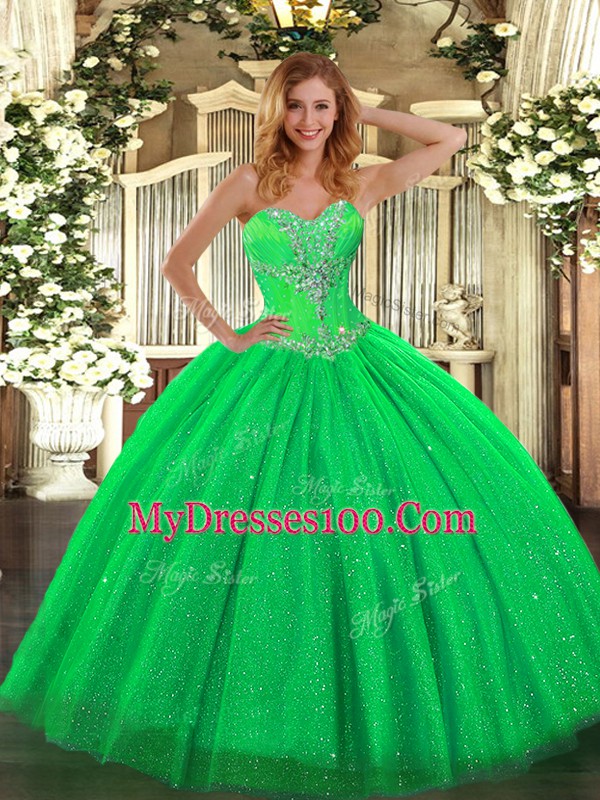 Discount Tulle and Sequined Sweetheart Sleeveless Lace Up Beading Quinceanera Gowns in Green