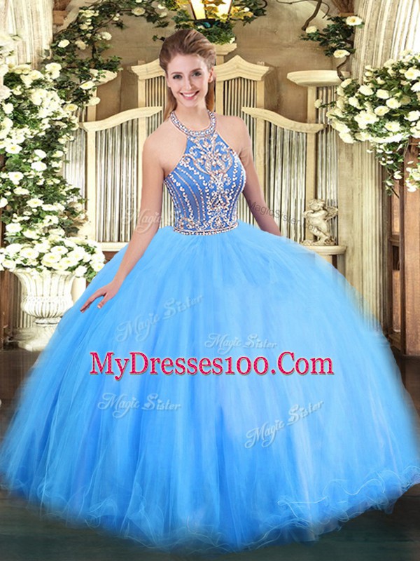 Elegant Tulle Sleeveless Floor Length 15 Quinceanera Dress and Beading