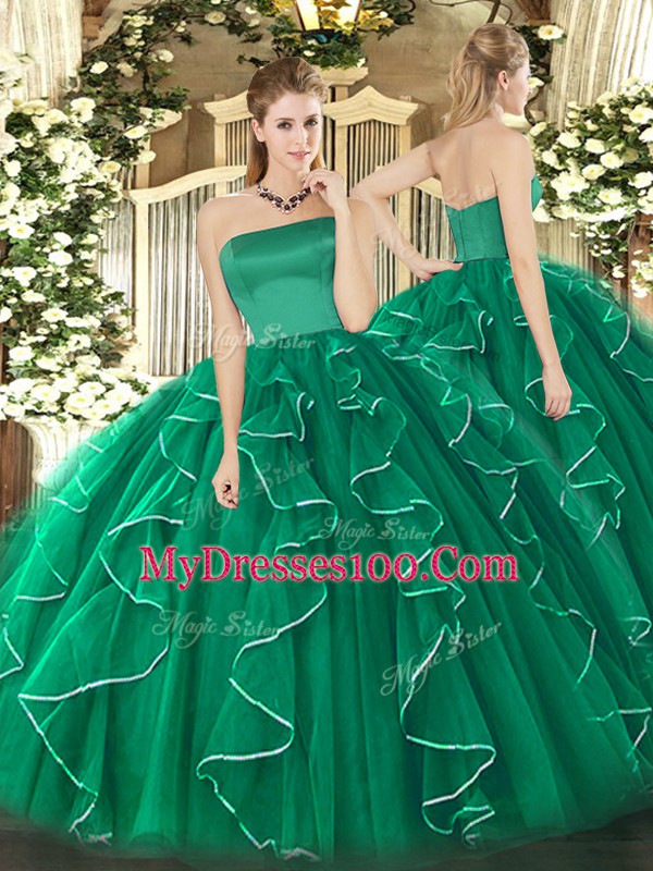 Trendy Dark Green Tulle Zipper Strapless Sleeveless Floor Length Sweet 16 Dress Ruffles