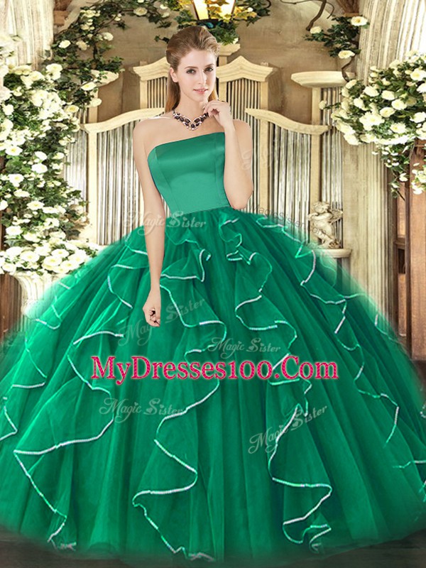 Trendy Dark Green Tulle Zipper Strapless Sleeveless Floor Length Sweet 16 Dress Ruffles