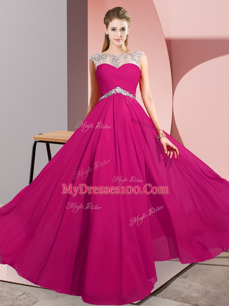 Enchanting Fuchsia Empire Beading Prom Gown Clasp Handle Chiffon Sleeveless Floor Length