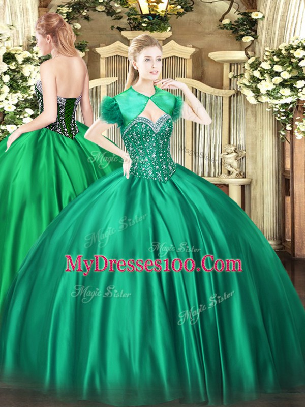 Floor Length Turquoise Sweet 16 Dress Satin Sleeveless Beading