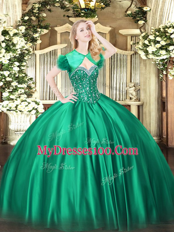 Floor Length Turquoise Sweet 16 Dress Satin Sleeveless Beading