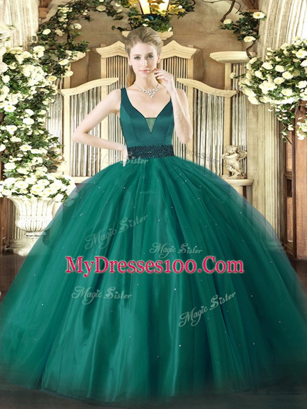 Adorable Teal Quinceanera Gowns Military Ball and Sweet 16 and Quinceanera with Beading Straps Sleeveless Zipper