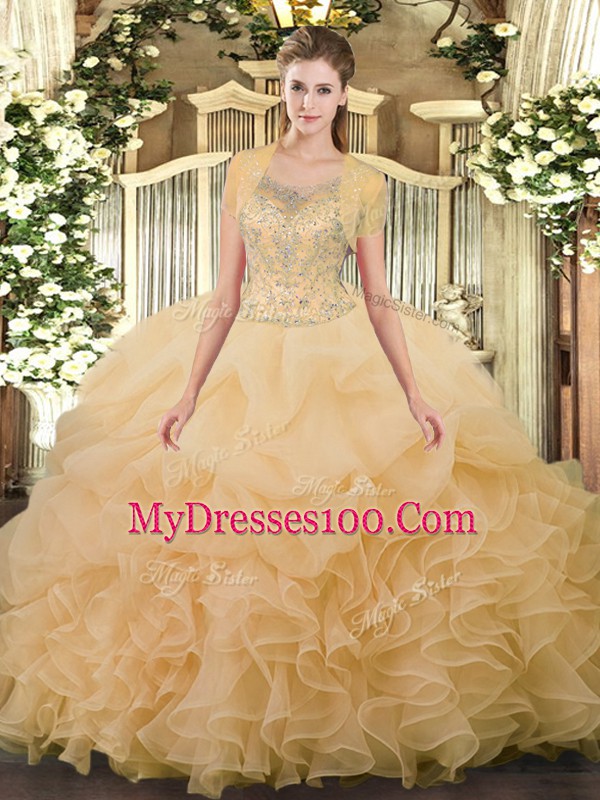 Fitting Champagne Ball Gowns Tulle Scoop Sleeveless Beading and Ruffled Layers Floor Length Clasp Handle Sweet 16 Dress