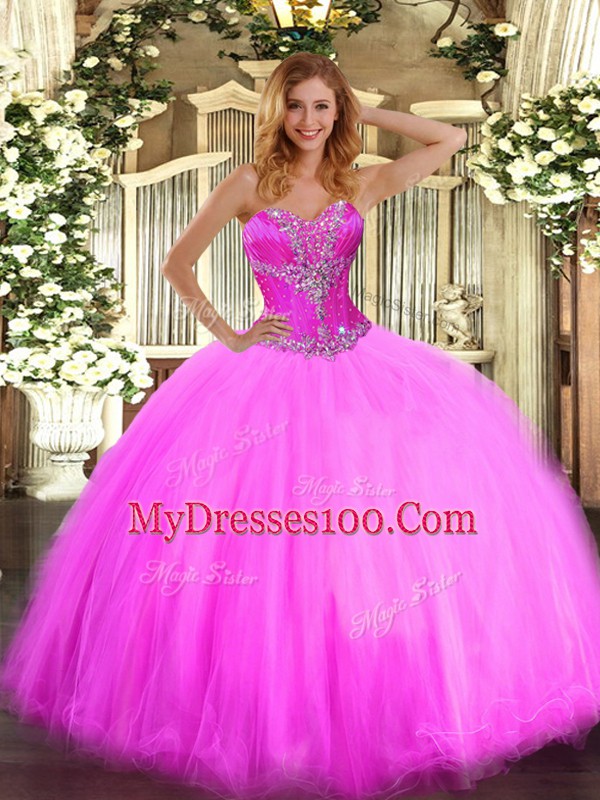 Fuchsia Tulle Lace Up Sweetheart Sleeveless Floor Length 15 Quinceanera Dress Beading