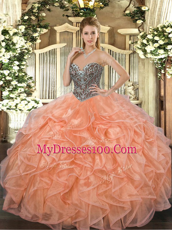 Captivating Orange Sweetheart Neckline Beading and Ruffles Sweet 16 Dresses Sleeveless Lace Up