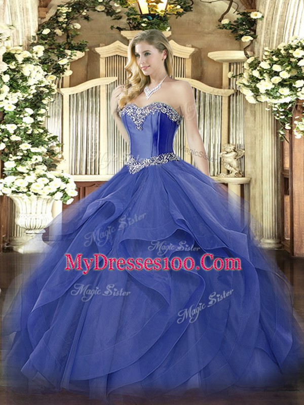 Fine Blue 15 Quinceanera Dress Military Ball and Sweet 16 and Quinceanera with Beading and Ruffles Sweetheart Sleeveless Lace Up