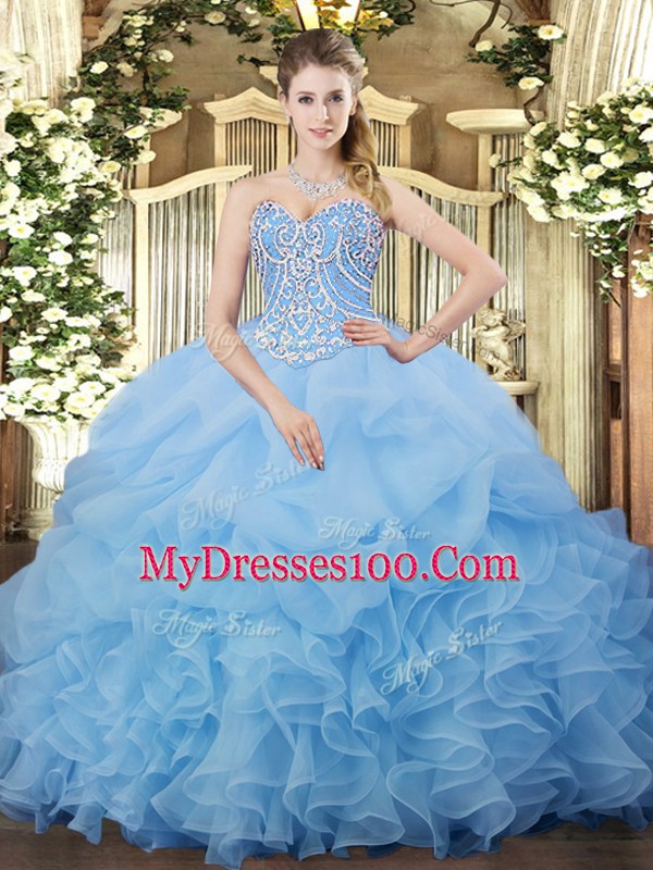 Glorious Sleeveless Floor Length Beading and Ruffles and Pick Ups Lace Up Quince Ball Gowns with Aqua Blue
