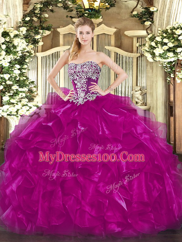 Great Fuchsia Organza Lace Up Sweet 16 Quinceanera Dress Sleeveless Floor Length Beading and Ruffles