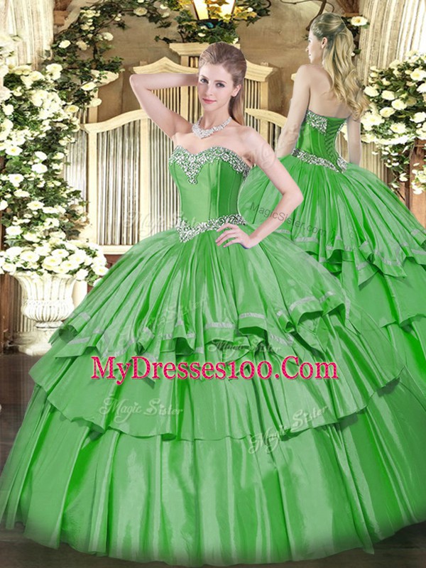 Glamorous Green Organza and Taffeta Lace Up Ball Gown Prom Dress Sleeveless Floor Length Beading and Ruffled Layers
