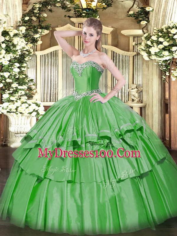 Glamorous Green Organza and Taffeta Lace Up Ball Gown Prom Dress Sleeveless Floor Length Beading and Ruffled Layers