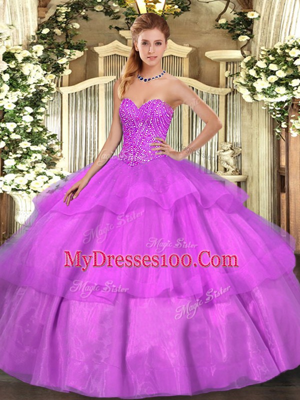 Lilac Quinceanera Dress Military Ball and Sweet 16 and Quinceanera with Beading and Ruffled Layers Sweetheart Sleeveless Lace Up