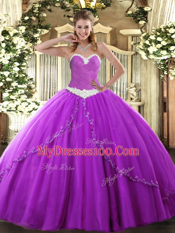 Mini Length Purple Quinceanera Dress Tulle Brush Train Sleeveless Appliques