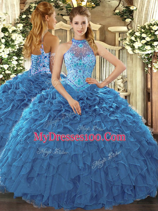 High Quality Teal Quinceanera Dress Prom and Sweet 16 and Quinceanera with Beading and Ruffles Halter Top Sleeveless Lace Up