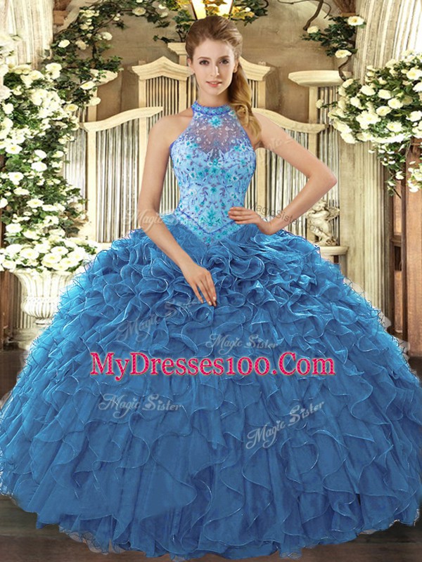 High Quality Teal Quinceanera Dress Prom and Sweet 16 and Quinceanera with Beading and Ruffles Halter Top Sleeveless Lace Up