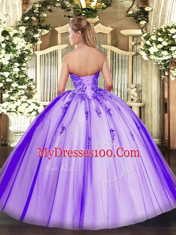 Ball Gowns Tulle Sweetheart Sleeveless Appliques Floor Length Lace Up Sweet 16 Dress