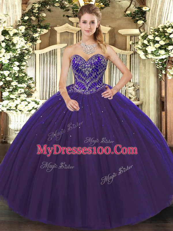 Purple Lace Up Quinceanera Gown Beading Sleeveless Floor Length