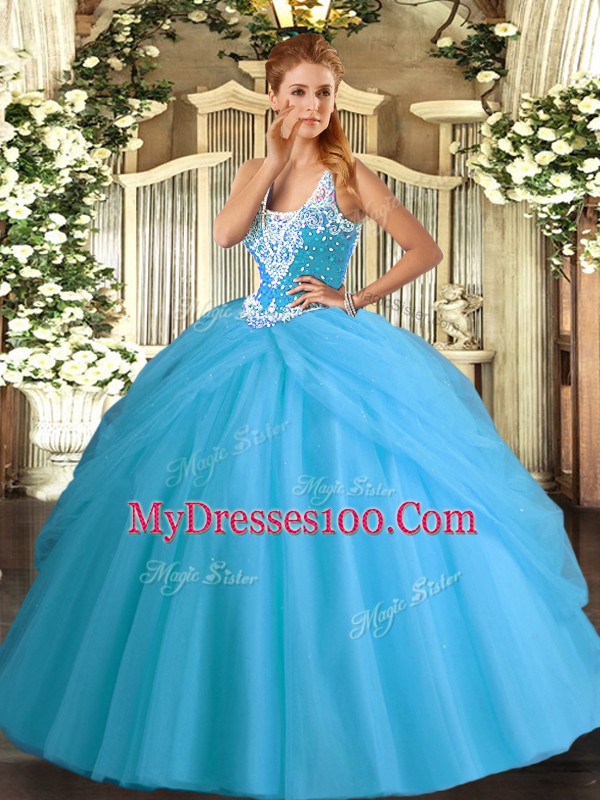 Custom Fit Aqua Blue Sleeveless Beading and Pick Ups Floor Length Sweet 16 Quinceanera Dress