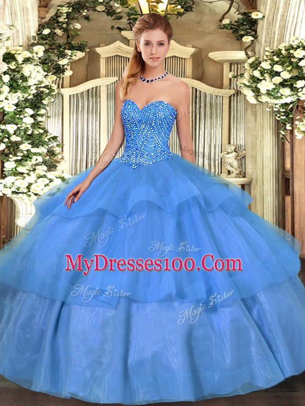 Dramatic Sleeveless Tulle Floor Length Lace Up Sweet 16 Dress in Baby Blue with Beading and Ruffled Layers