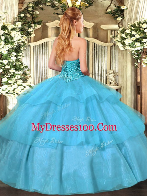 Dramatic Sleeveless Tulle Floor Length Lace Up Sweet 16 Dress in Baby Blue with Beading and Ruffled Layers