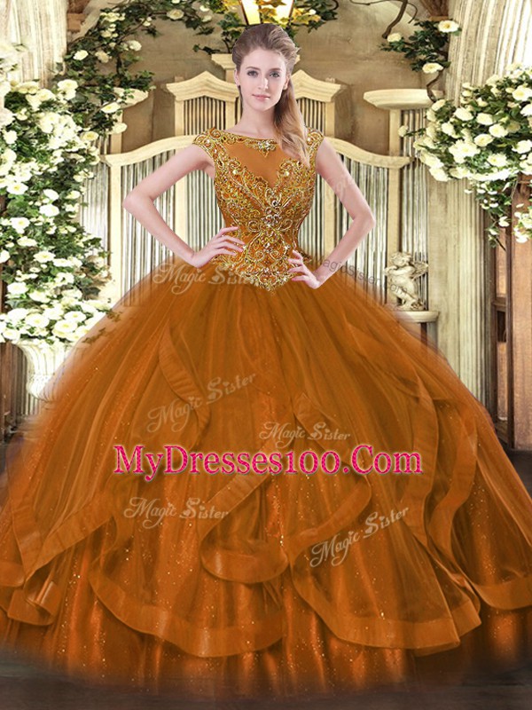 Brown Ball Gowns Scoop Sleeveless Tulle Floor Length Zipper Beading and Ruffles Vestidos de Quinceanera