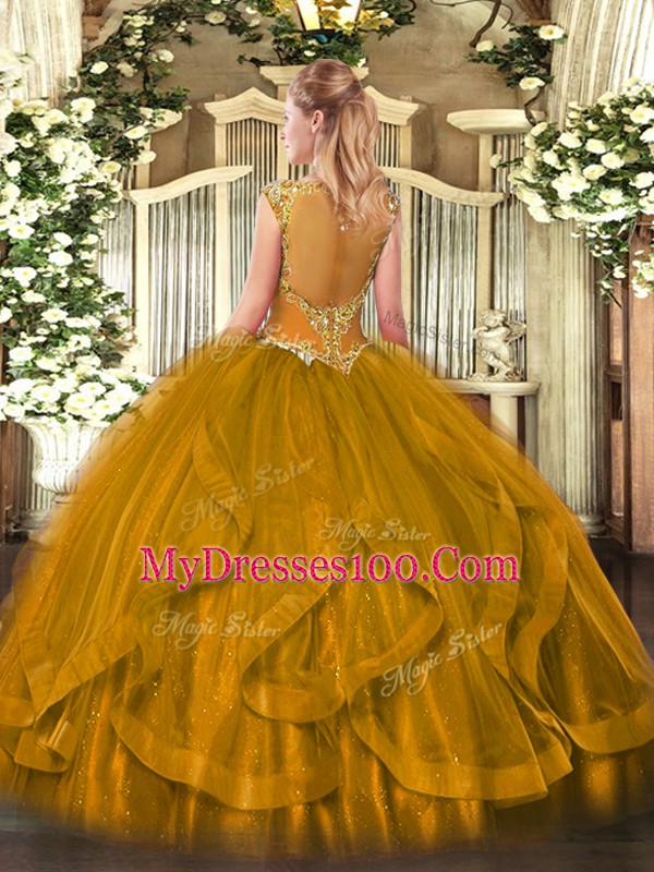 Brown Ball Gowns Scoop Sleeveless Tulle Floor Length Zipper Beading and Ruffles Vestidos de Quinceanera