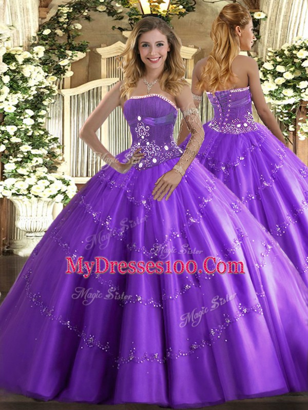 Lavender Sleeveless Beading and Appliques Floor Length Ball Gown Prom Dress