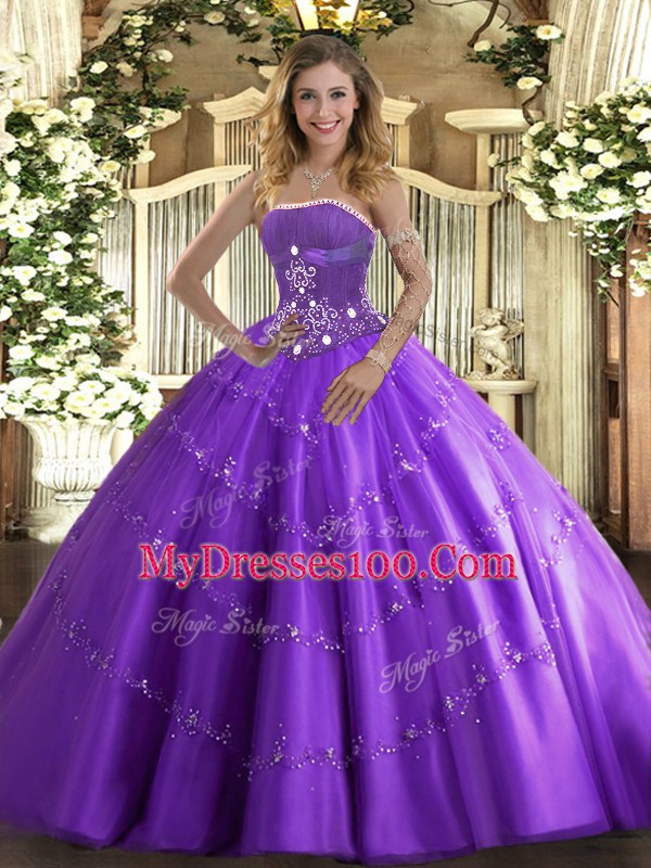 Lavender Sleeveless Beading and Appliques Floor Length Ball Gown Prom Dress