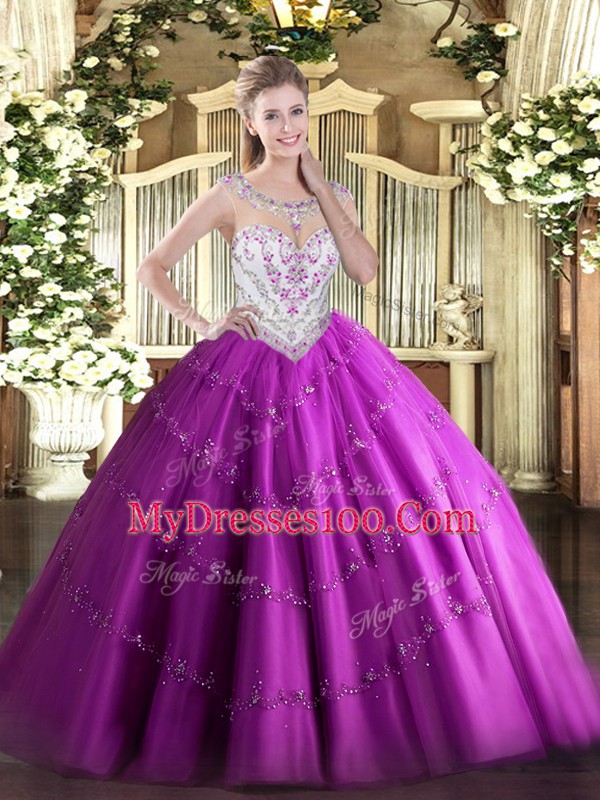 Designer Fuchsia Sleeveless Tulle Zipper Sweet 16 Quinceanera Dress for Military Ball and Sweet 16 and Quinceanera