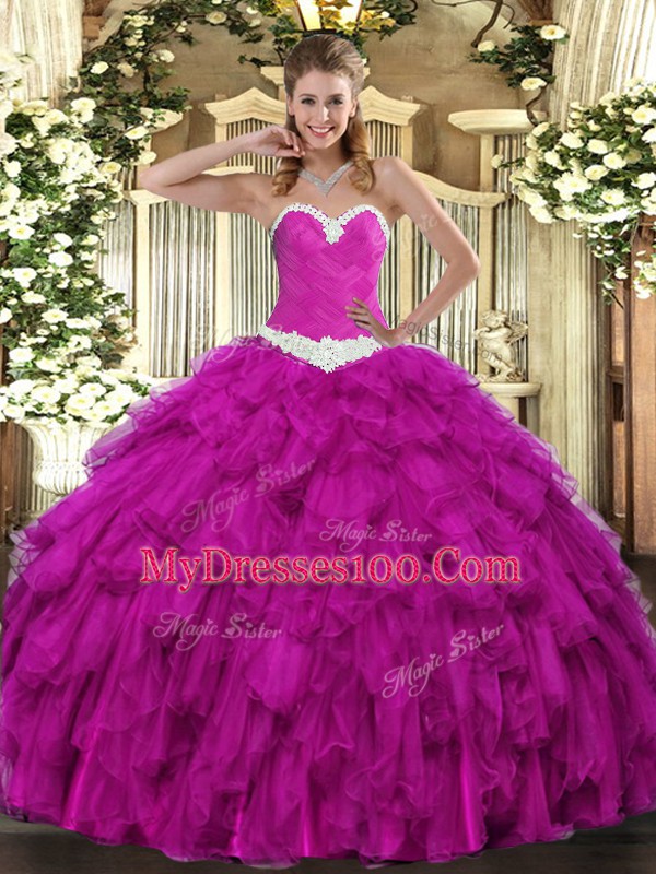 New Arrival Fuchsia Ball Gowns Sweetheart Sleeveless Organza Floor Length Lace Up Appliques and Ruffles Ball Gown Prom Dress