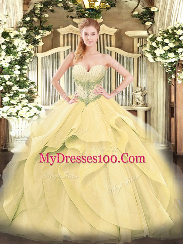 Sweetheart Sleeveless Tulle Vestidos de Quinceanera Beading and Ruffles Lace Up