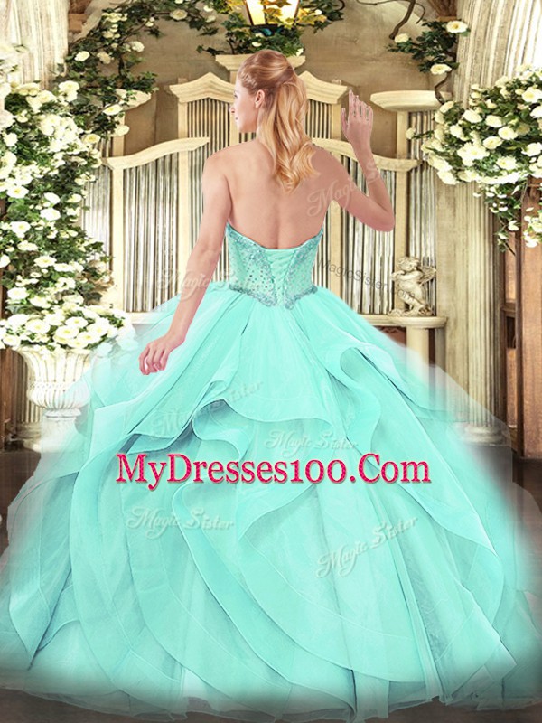 Sweetheart Sleeveless Tulle Vestidos de Quinceanera Beading and Ruffles Lace Up