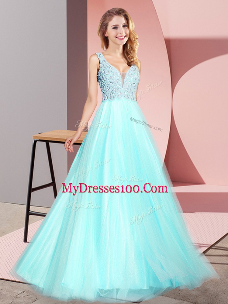 Aqua Blue A-line Lace Prom Dresses Zipper Tulle Sleeveless Floor Length