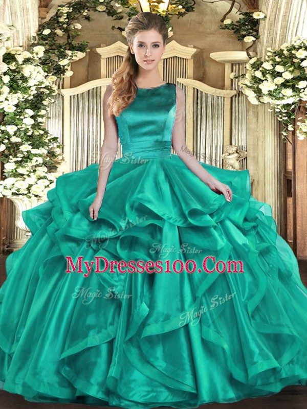 Turquoise Sleeveless Floor Length Ruffles Lace Up 15th Birthday Dress