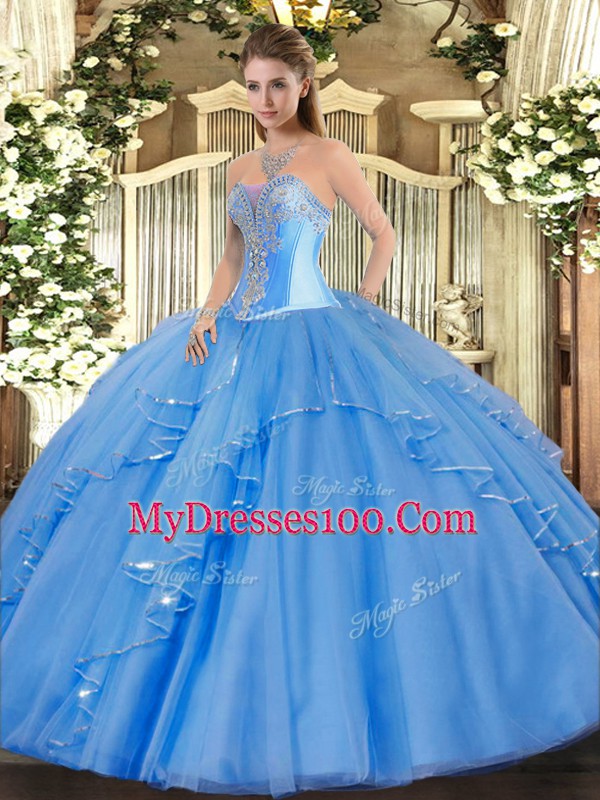 Custom Fit Sleeveless Beading and Ruffles Lace Up Quinceanera Gowns