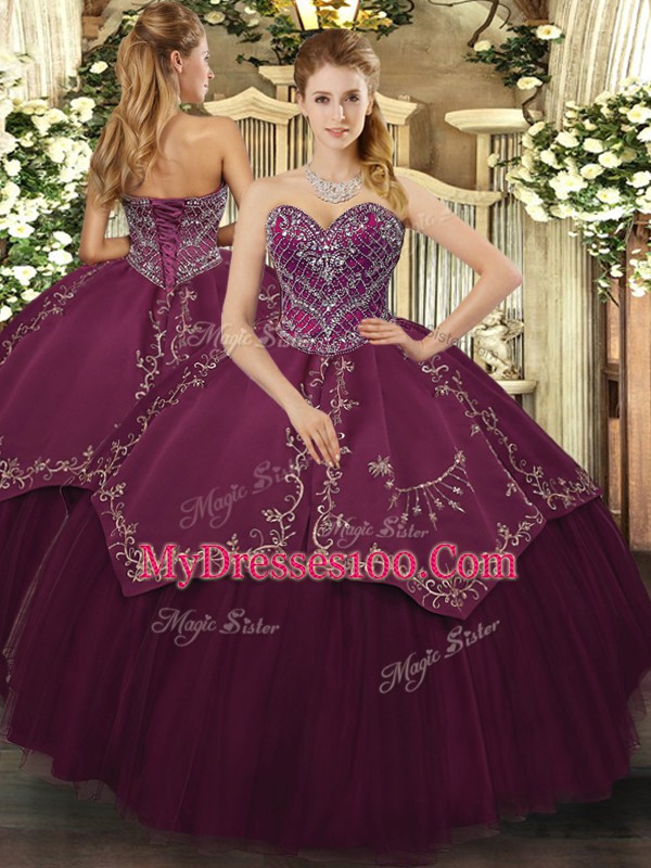 Taffeta and Tulle Sweetheart Sleeveless Lace Up Beading and Pattern Sweet 16 Quinceanera Dress in Burgundy