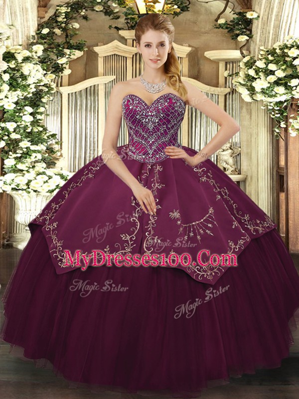 Taffeta and Tulle Sweetheart Sleeveless Lace Up Beading and Pattern Sweet 16 Quinceanera Dress in Burgundy