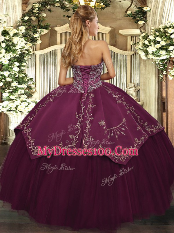 Taffeta and Tulle Sweetheart Sleeveless Lace Up Beading and Pattern Sweet 16 Quinceanera Dress in Burgundy