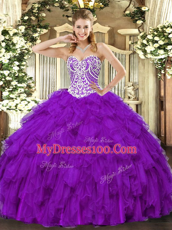 Flare Purple Ball Gowns Beading and Ruffles Quinceanera Gown Lace Up Tulle Sleeveless Floor Length